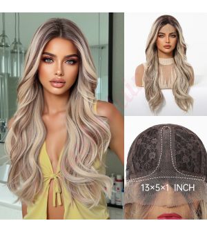 BL11087-1 Ash Blonde with Platinum Highlights and Darker Roots Synthetic Wavy Wig [FINAL SALE]