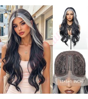 BL33022-1 Black with Silver Face-Framing Highlights Synthetic Layered Wavy Trendy Styles Wig [FINAL SALE]