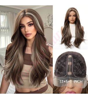 BL665083-1 Brown and Ash Blonde Highlights Synthetic With Bang Wavy Trendy Styles Wig [FINAL SALE]