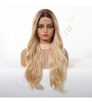 FTL037-1 Golden Blonde with Medium Brown Roots Synthetic Wavy Wig [FINAL SALE]