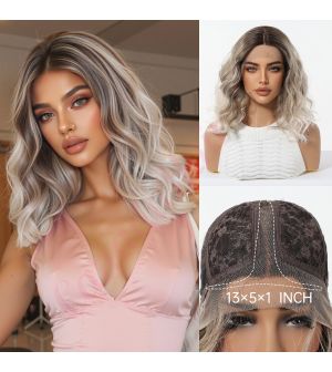 BL33013-3 Ash Brown with Silver Blonde Ombre Synthetic Bob Blunt Cut Layered Wavy Wig [FINAL SALE]
