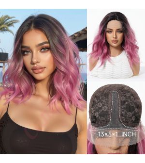 BL33017-1 Black Roots with Pink Ombre Synthetic Bob Blunt Cut Layered Wig [FINAL SALE]